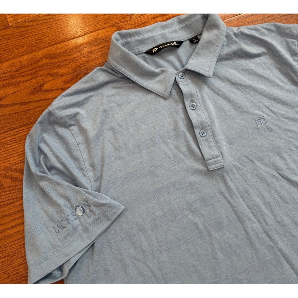 Travis Mathew Golf Polo Shirt Mens XL Light Blue Stretch Jackson Hole Logo